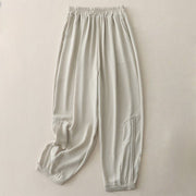 Buddha Stones Summer Commute Plain Pleated Design 7-8 Length Women's Harem Cotton Linen Pants With Pockets