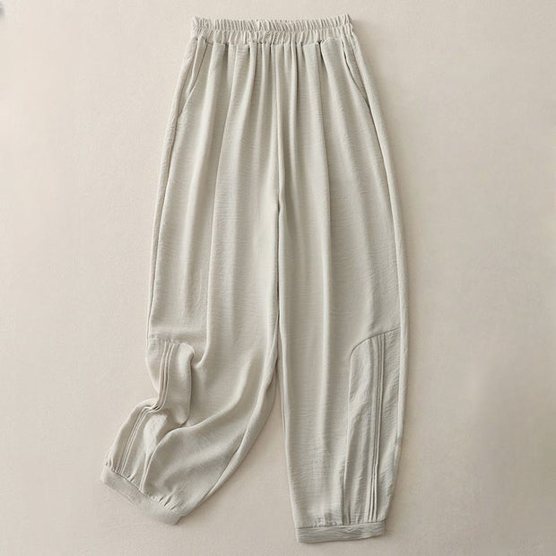 Buddha Stones Summer Commute Plain Pleated Design 7-8 Length Women's Harem Cotton Linen Pants With Pockets
