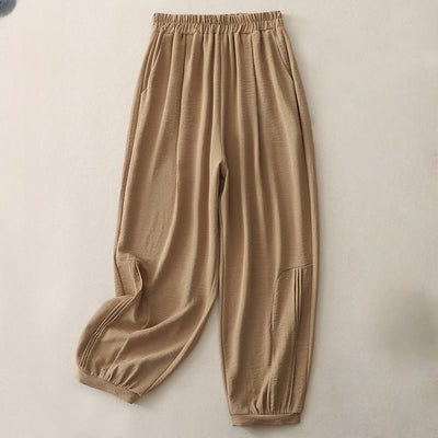 Buddha Stones Summer Commute Plain Pleated Design 7-8 Length Women's Harem Cotton Linen Pants With Pockets