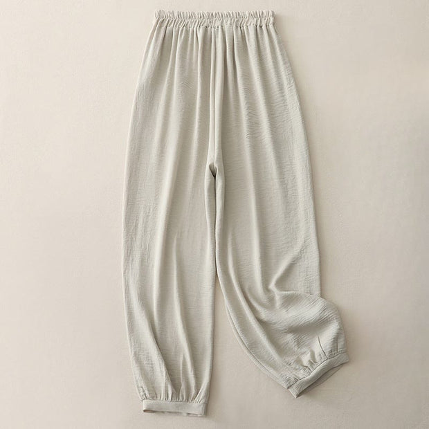 Buddha Stones Summer Commute Plain Pleated Design 7-8 Length Women's Harem Cotton Linen Pants With Pockets