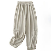 Buddha Stones Summer Commute Plain Pleated Design 7-8 Length Women's Harem Cotton Linen Pants With Pockets