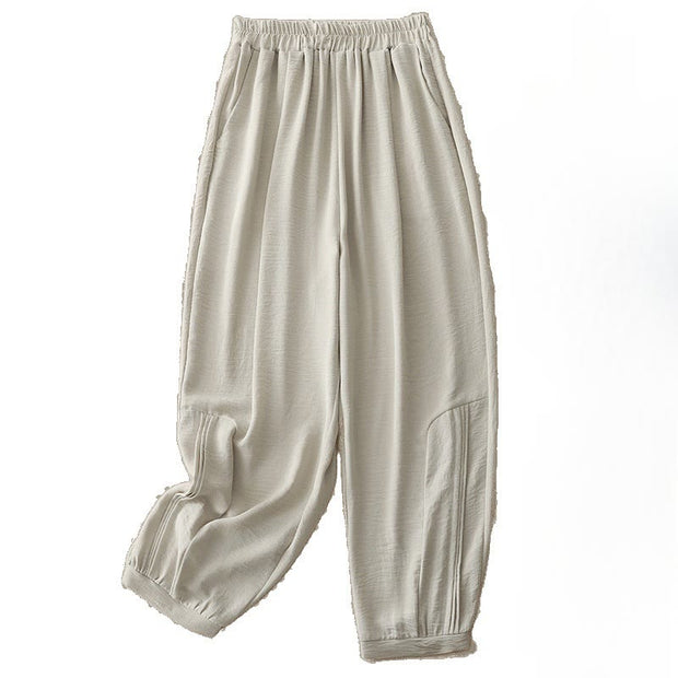 Buddha Stones Summer Commute Plain Pleated Design 7-8 Length Women's Harem Cotton Linen Pants With Pockets