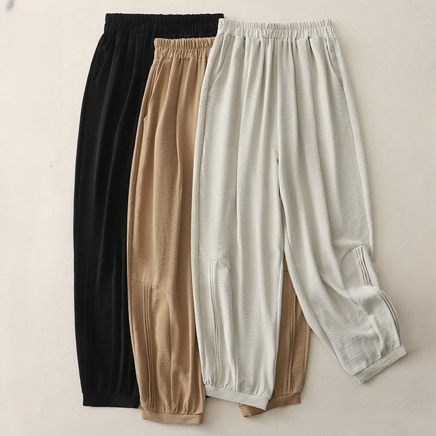 Buddha Stones Summer Commute Plain Pleated Design 7-8 Length Women's Harem Cotton Linen Pants With Pockets