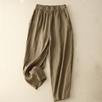 Buddha Stones Commute Casual Pure Color Buttons Design 7-8 Length Women's Harem Cotton Pants With Pockets