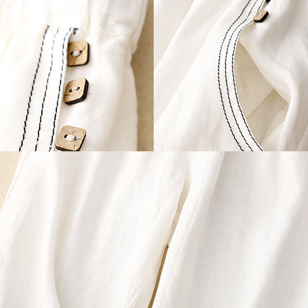 Buddha Stones Commute Casual Pure Color Buttons Design 7-8 Length Women's Harem Cotton Pants With Pockets