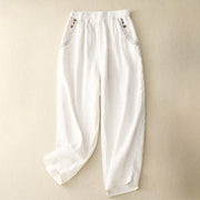 Buddha Stones Commute Casual Pure Color Buttons Design 7-8 Length Women's Harem Cotton Pants With Pockets