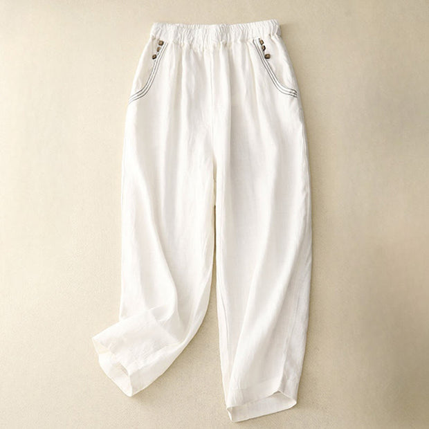 Buddha Stones Commute Casual Pure Color Buttons Design 7-8 Length Women's Harem Cotton Pants With Pockets