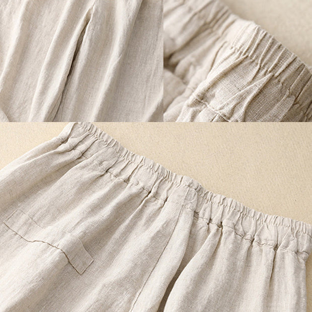 Buddha Stones Commute Casual Pure Color Buttons Design 7-8 Length Women's Harem Cotton Pants With Pockets