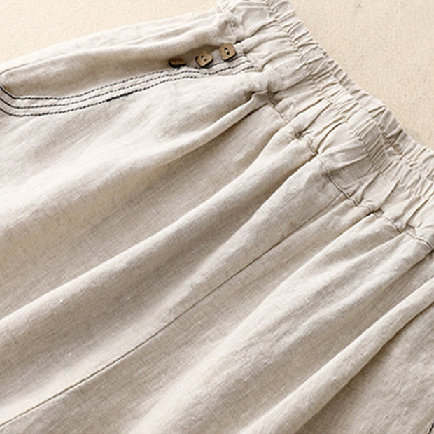 Buddha Stones Commute Casual Pure Color Buttons Design 7-8 Length Women's Harem Cotton Pants With Pockets