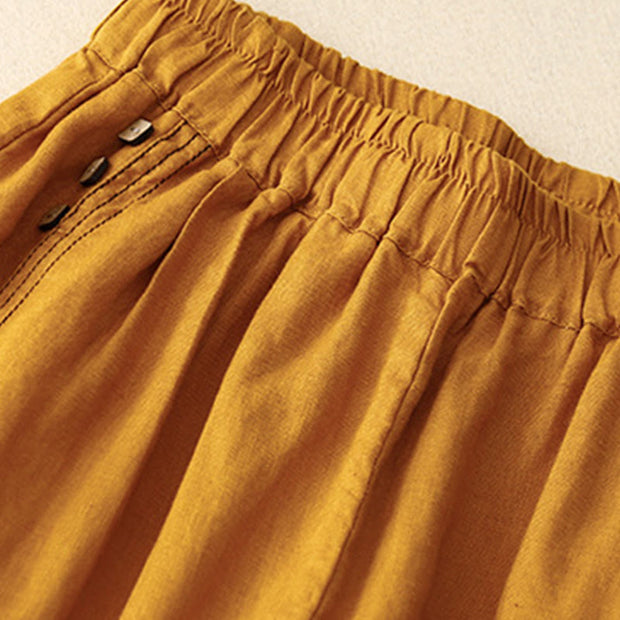 Buddha Stones Commute Casual Pure Color Buttons Design 7-8 Length Women's Harem Cotton Pants With Pockets