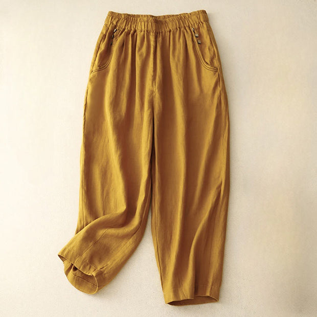 Buddha Stones Commute Casual Pure Color Buttons Design 7-8 Length Women's Harem Cotton Pants With Pockets