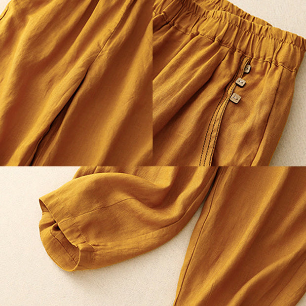 Buddha Stones Commute Casual Pure Color Buttons Design 7-8 Length Women's Harem Cotton Pants With Pockets