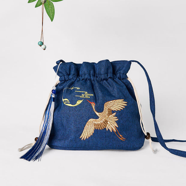 Buddha Stones Embroidered Navy Blue Crane Cotton Linen Crossbody Bag Shoulder Bag