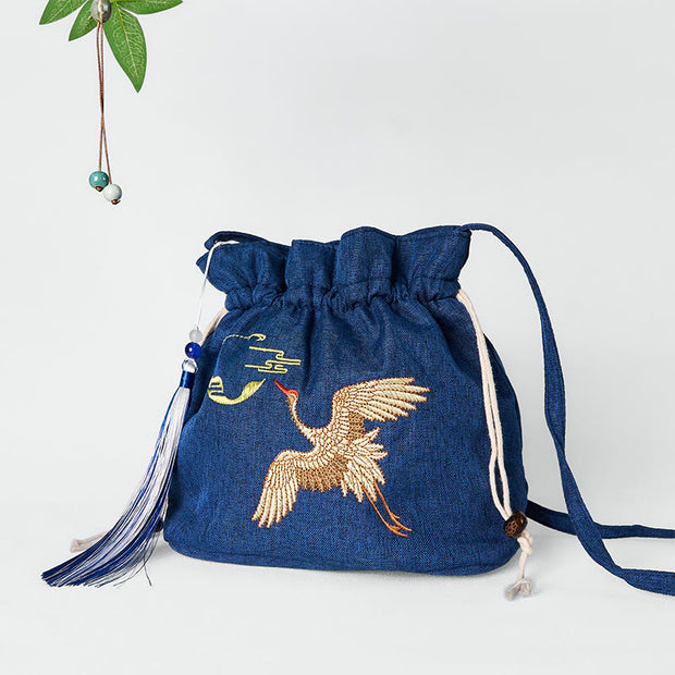Buddha Stones Embroidered Navy Blue Crane Cotton Linen Crossbody Bag Shoulder Bag
