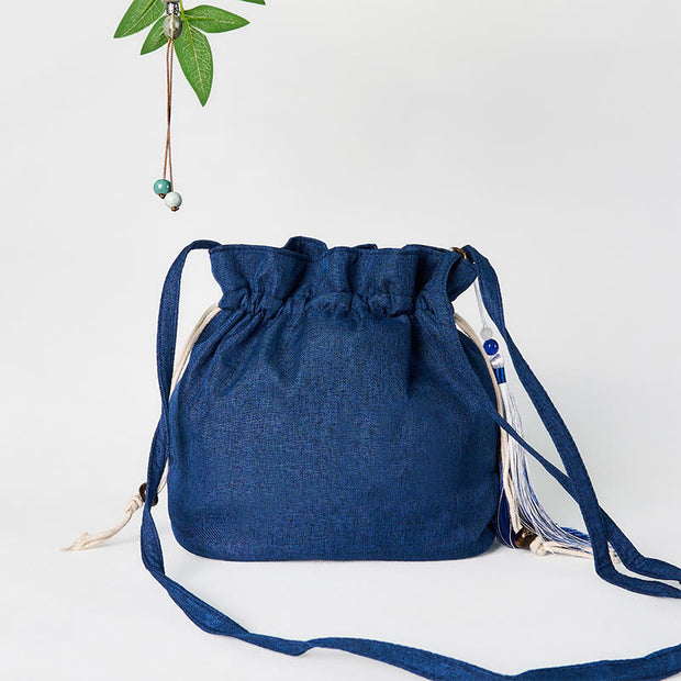 Buddha Stones Embroidered Navy Blue Crane Cotton Linen Crossbody Bag Shoulder Bag