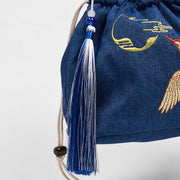 Buddha Stones Embroidered Navy Blue Crane Cotton Linen Crossbody Bag Shoulder Bag