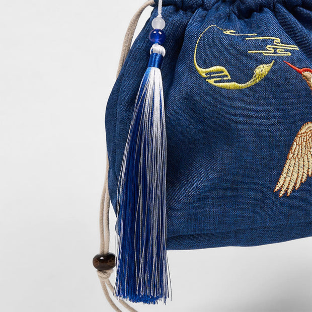 Buddha Stones Embroidered Navy Blue Crane Cotton Linen Crossbody Bag Shoulder Bag