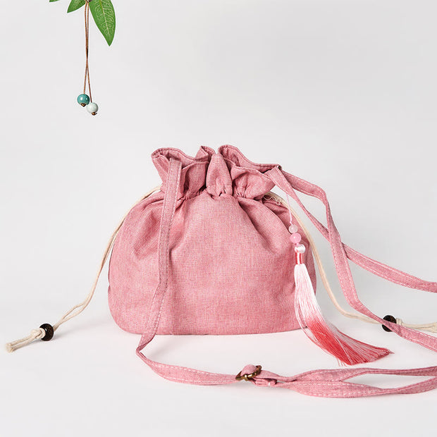 Buddha Stones Embroidered Light Pink Lotus Cotton Linen Crossbody Bag Shoulder Bag