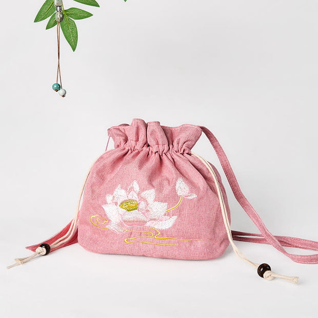 Buddha Stones Embroidered Light Pink Lotus Cotton Linen Crossbody Bag Shoulder Bag