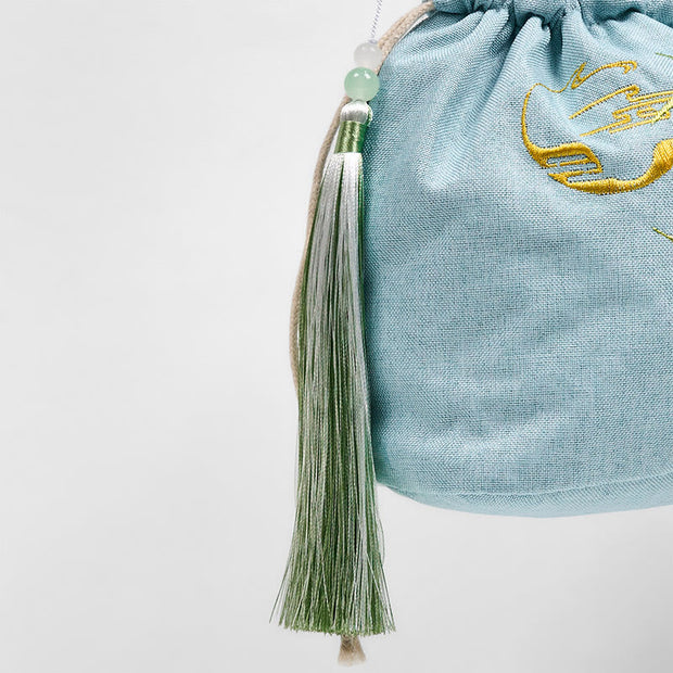 Buddha Stones Embroidered Green Bamboo Cotton Linen Crossbody Bag Shoulder Bag