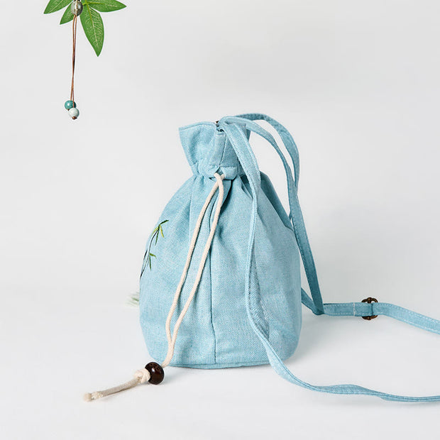 Buddha Stones Embroidered Green Bamboo Cotton Linen Crossbody Bag Shoulder Bag