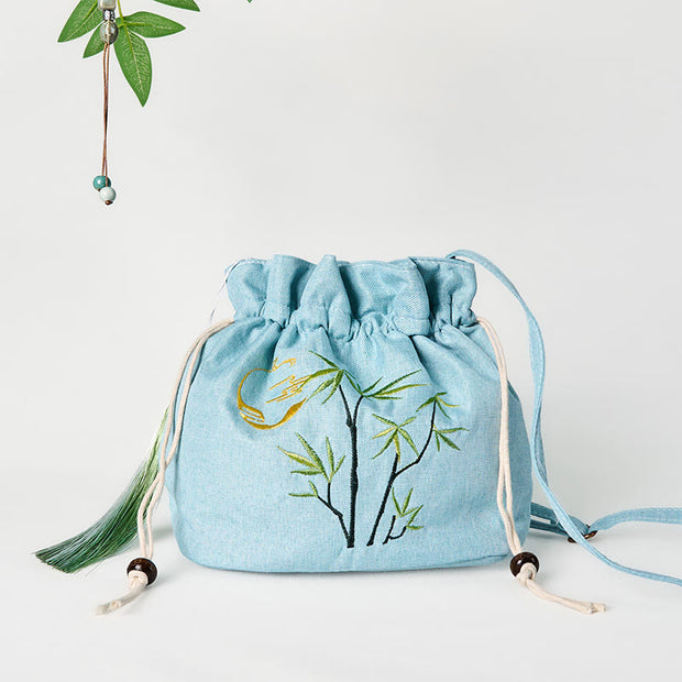 Buddha Stones Embroidered Green Bamboo Cotton Linen Crossbody Bag Shoulder Bag