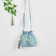 Buddha Stones Embroidered Green Bamboo Cotton Linen Crossbody Bag Shoulder Bag