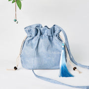 Buddha Stones Embroidered Light Blue Fairy Deer Auspicious Clouds Cotton Linen Crossbody Bag Shoulder Bag