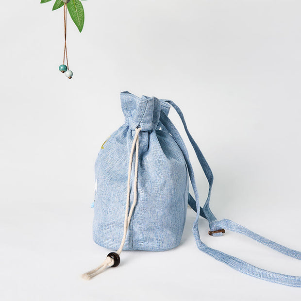 Buddha Stones Embroidered Light Blue Fairy Deer Auspicious Clouds Cotton Linen Crossbody Bag Shoulder Bag
