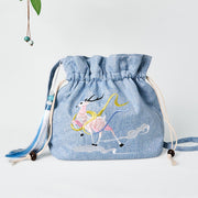 Buddha Stones Embroidered Light Blue Fairy Deer Auspicious Clouds Cotton Linen Crossbody Bag Shoulder Bag