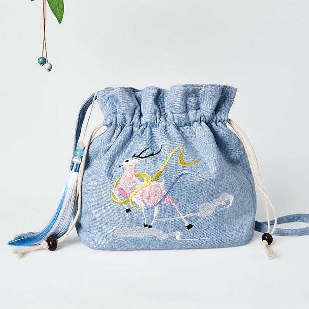 Buddha Stones Embroidered Light Blue Fairy Deer Auspicious Clouds Cotton Linen Crossbody Bag Shoulder Bag