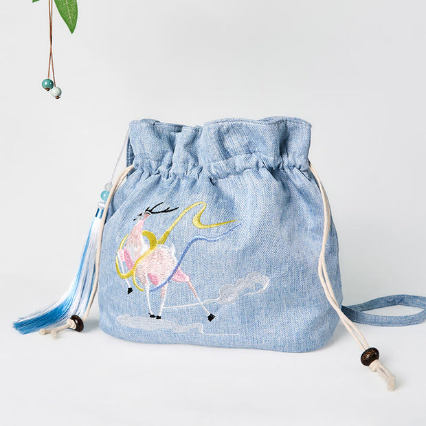 Buddha Stones Embroidered Light Blue Fairy Deer Auspicious Clouds Cotton Linen Crossbody Bag Shoulder Bag