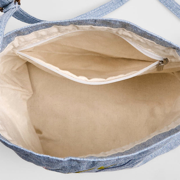 Buddha Stones Embroidered Light Blue Fairy Deer Auspicious Clouds Cotton Linen Crossbody Bag Shoulder Bag