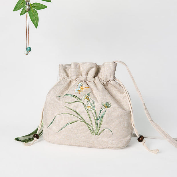 Buddha Stones Embroidered Beige Orchid Grass Cotton Linen Crossbody Bag Shoulder Bag