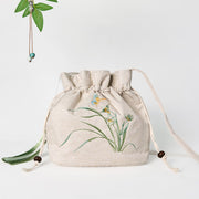 Buddha Stones Embroidered Beige Orchid Grass Cotton Linen Crossbody Bag Shoulder Bag