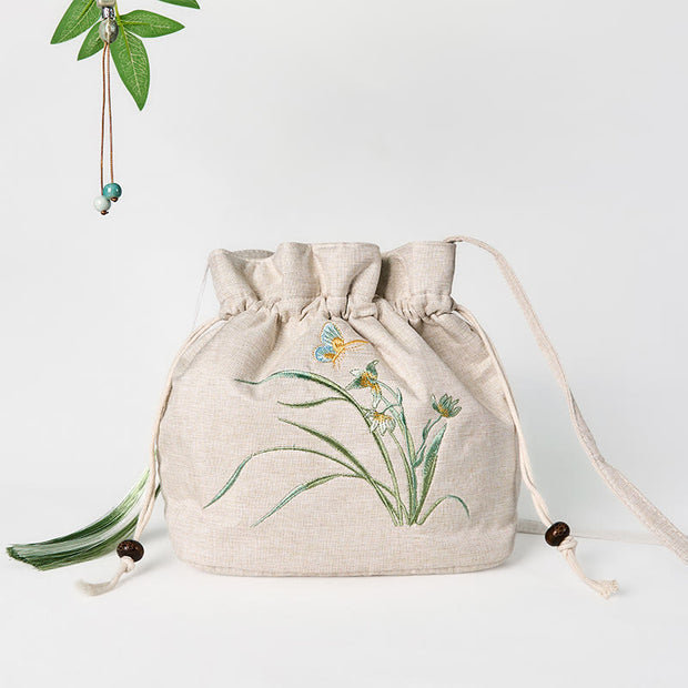 Buddha Stones Embroidered Beige Orchid Grass Cotton Linen Crossbody Bag Shoulder Bag