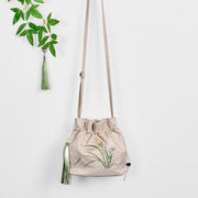 Buddha Stones Embroidered Beige Orchid Grass Cotton Linen Crossbody Bag Shoulder Bag