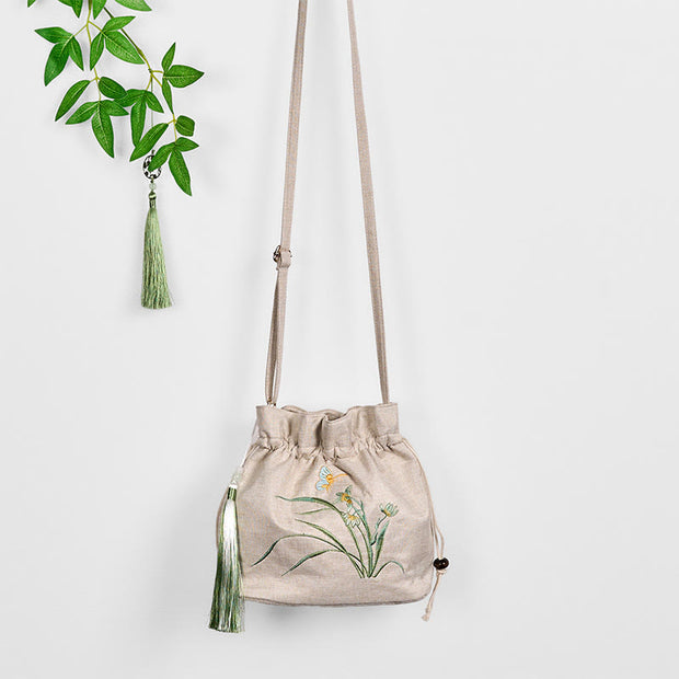 Buddha Stones Embroidered Beige Orchid Grass Cotton Linen Crossbody Bag Shoulder Bag
