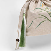 Buddha Stones Embroidered Beige Orchid Grass Cotton Linen Crossbody Bag Shoulder Bag