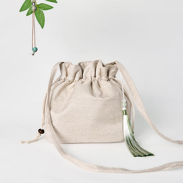 Buddha Stones Embroidered Beige Orchid Grass Cotton Linen Crossbody Bag Shoulder Bag