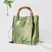 Buddha Stones Embroidery Leaves Bamboo Handle Pearl Crossbody Bag Hangbags