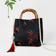 Buddha Stones Polyester Cotton Embroidery Leaves Bamboo Handle Pearl Crossbody Bag Hangbags
