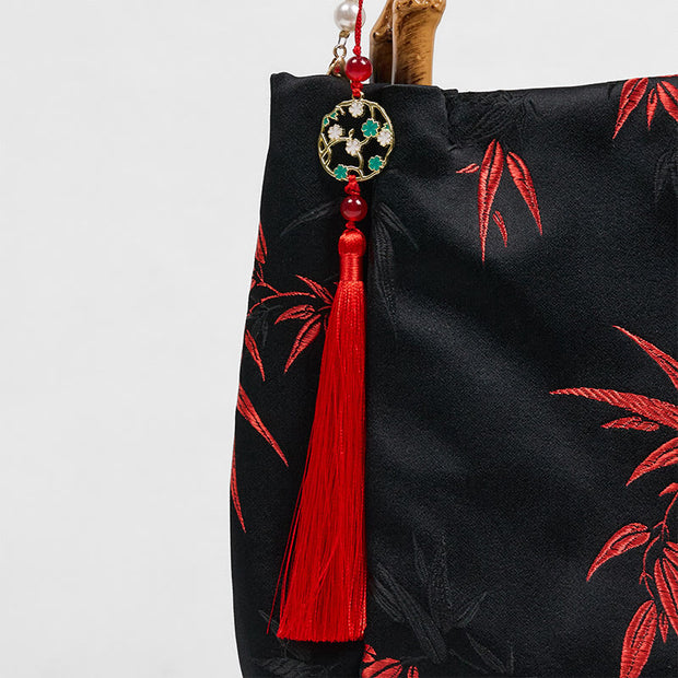 Buddha Stones Polyester Cotton Embroidery Leaves Bamboo Handle Pearl Crossbody Bag Hangbags