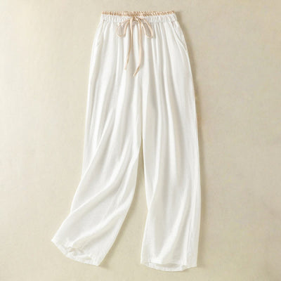 Buddha Stones Vintage Casual Pure Color Drawstring Ankle-Length Women's Cotton Linen Pants With Pockets