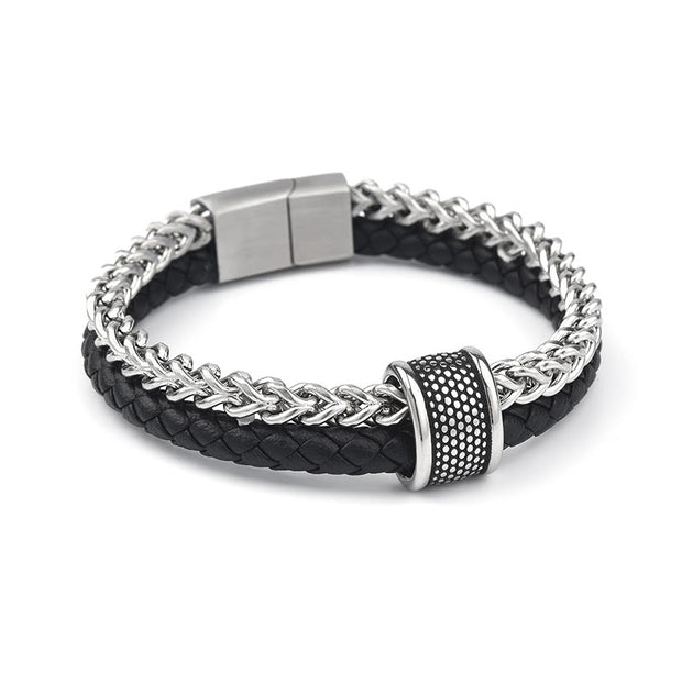 Buddha Stones Leather Double Layer Titanium Steel Balance Magnetic Buckle Bracelet