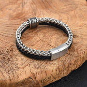 Buddha Stones Leather Double Layer Titanium Steel Balance Magnetic Buckle Bracelet