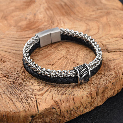 Buddha Stones Leather Double Layer Titanium Steel Balance Magnetic Buckle Bracelet