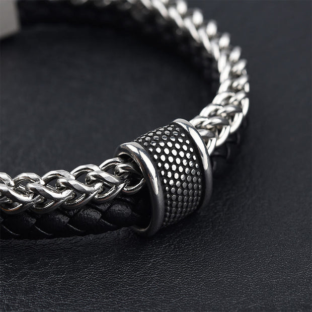 Buddha Stones Leather Double Layer Titanium Steel Balance Magnetic Buckle Bracelet