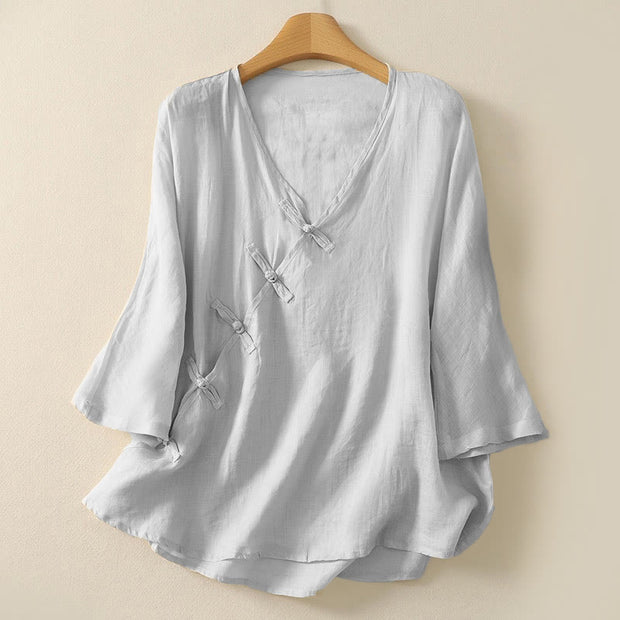 Buddha Stones Casual Zen Plain Slanted V-Neck Chinese Frog-Button Design Women's Cotton Shirt
