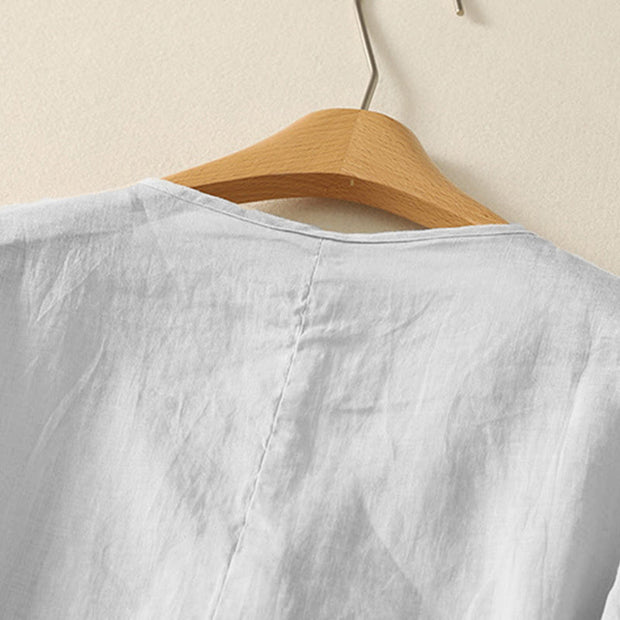 Buddha Stones Casual Zen Plain Slanted V-Neck Chinese Frog-Button Design Women's Cotton Shirt